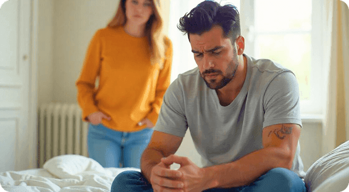 Pareja estilizada con reloj y dial para ilustrar eyaculación precoz, sin contenido explícito.